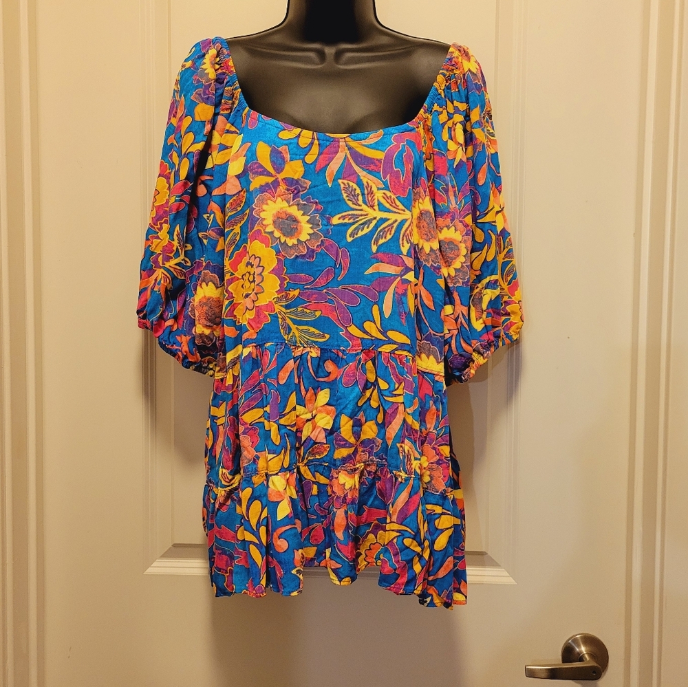 Blue Boho Floral Plus Babydoll Blouse